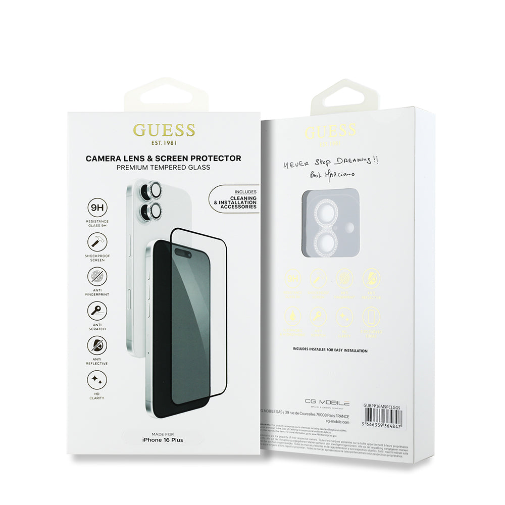 Apple iPhone 16 Plus Guess Original Licensed Rhinestone Screen Protector + Lens Protector 2-in-1 Accessory Set Silver 