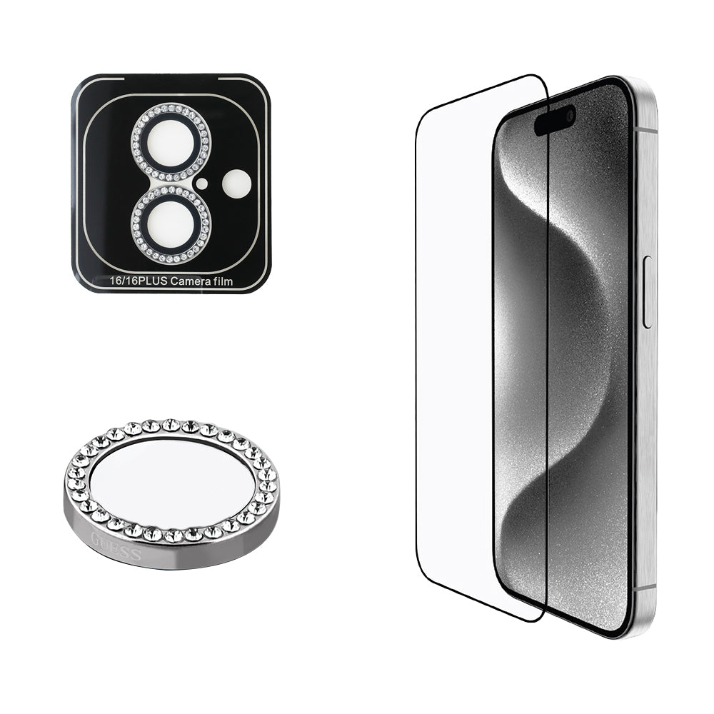 Apple iPhone 16 Plus Guess Original Licensed Rhinestone Screen Protector + Lens Protector 2-in-1 Accessory Set Silver 