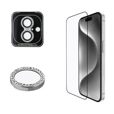 Apple iPhone 16 Plus Guess Original Licensed Rhinestone Screen Protector + Lens Protector 2-in-1 Accessory Set Silver 