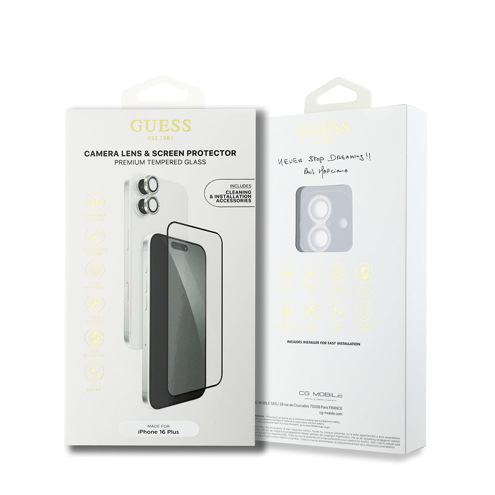 Apple iPhone 16 Plus Guess Original Licensed Rhinestone Screen Protector + Lens Protector 2-in-1 Accessory Set Silver 