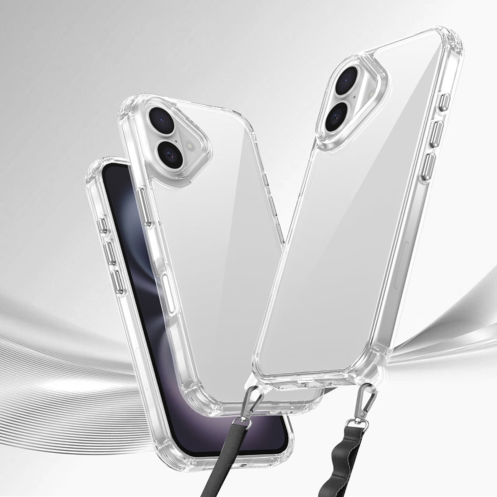 Apple iPhone 16 Plus Airbag Case with Attachable Strap Zore Snap Silicone Cover Transparent 