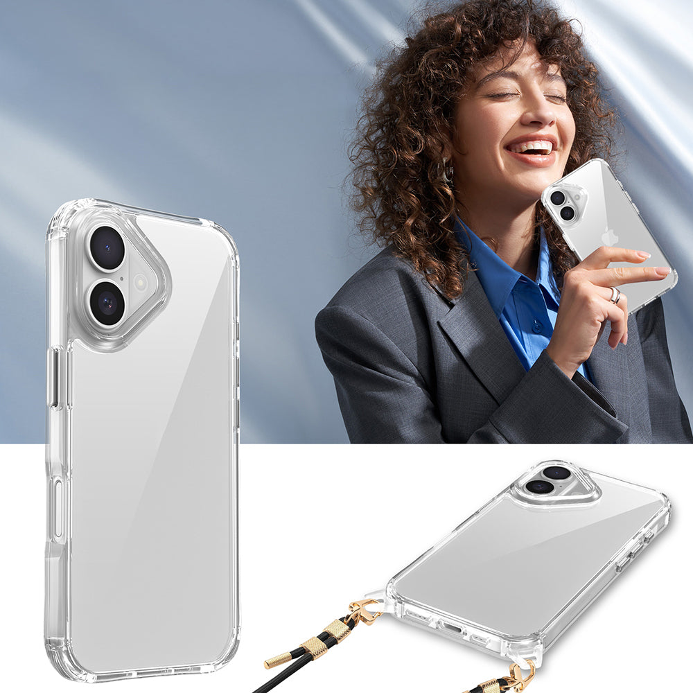 Apple iPhone 16 Plus Airbag Case with Attachable Strap Zore Snap Silicone Cover Transparent 