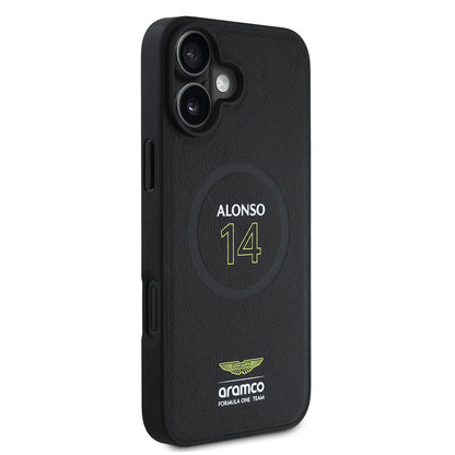 Apple iPhone 16 Plus Kılıf Aston Martin Orjinal Lisanslı M-safe Şarj Özellikli PU Deri Alonso 14 Baskılı Kapak Siyah