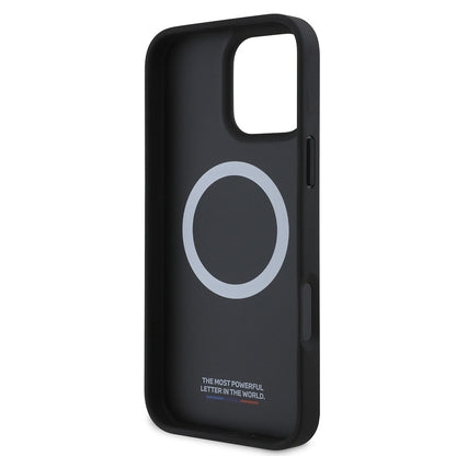 Apple iPhone 16 Plus Kılıf BMW Orjinal Lisanslı M-safe Şarj Özellikli M Logolu Üç Çizgili Dikiş Detaylı Meshed Tricolor Stripes Kapak Siyah