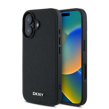 Apple iPhone 16 Plus Kılıf DKNY Orjinal Lisanslı M-safe Şarj Özellikli Metal Logolu PU Deri Grained Kapak Siyah