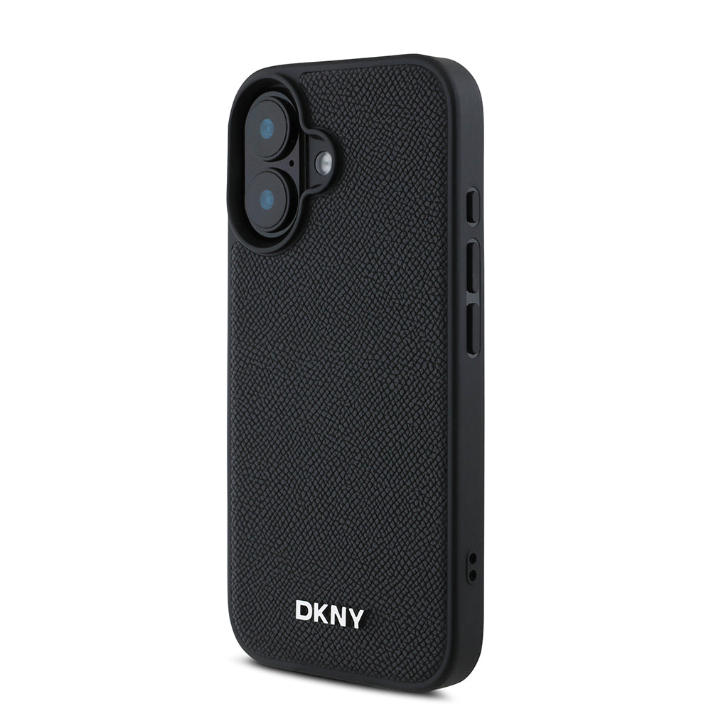 Apple iPhone 16 Plus Kılıf DKNY Orjinal Lisanslı M-safe Şarj Özellikli Metal Logolu PU Deri Grained Kapak Siyah
