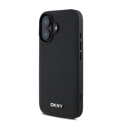 Apple iPhone 16 Plus Kılıf DKNY Orjinal Lisanslı M-safe Şarj Özellikli Metal Logolu PU Deri Grained Kapak Siyah