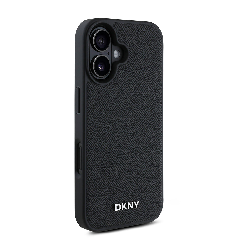 Apple iPhone 16 Plus Kılıf DKNY Orjinal Lisanslı M-safe Şarj Özellikli Metal Logolu PU Deri Grained Kapak Siyah