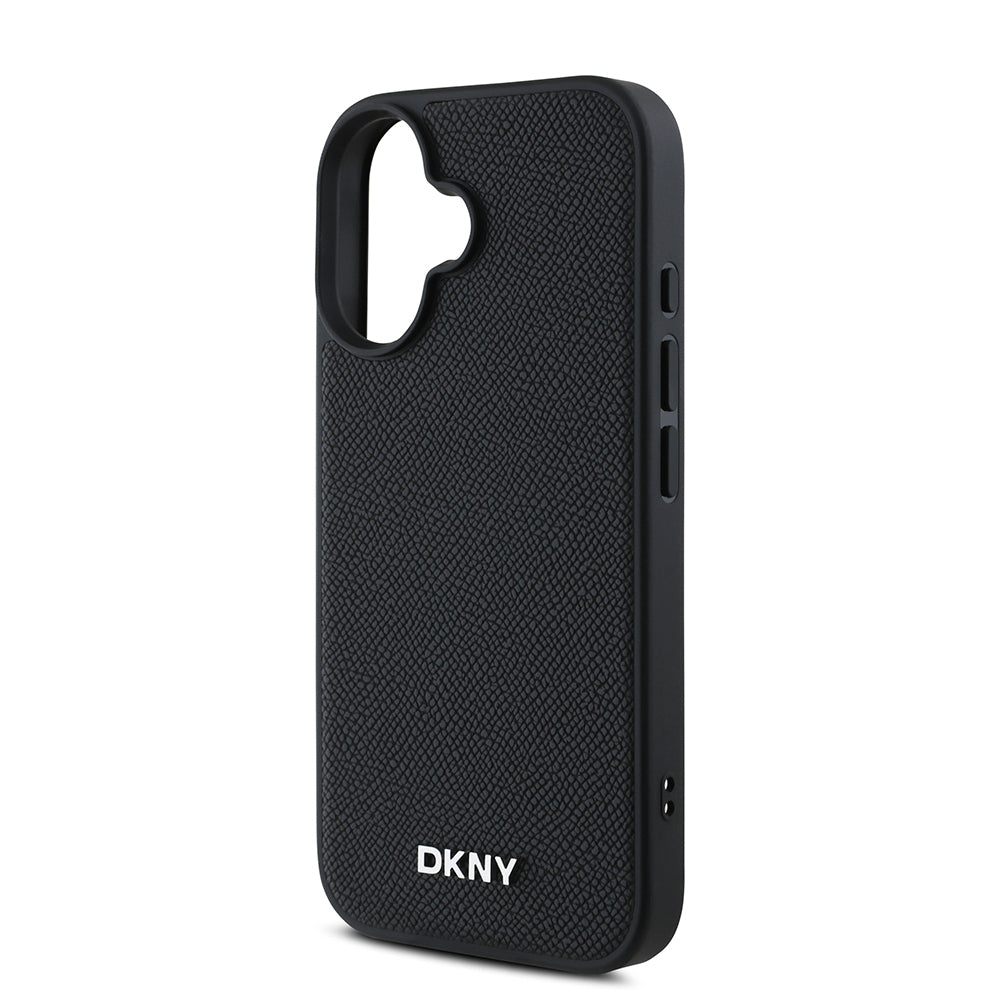 Apple iPhone 16 Plus Kılıf DKNY Orjinal Lisanslı M-safe Şarj Özellikli Metal Logolu PU Deri Grained Kapak Siyah