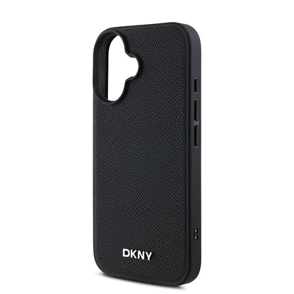 Apple iPhone 16 Plus Kılıf DKNY Orjinal Lisanslı M-safe Şarj Özellikli Metal Logolu PU Deri Grained Kapak Siyah