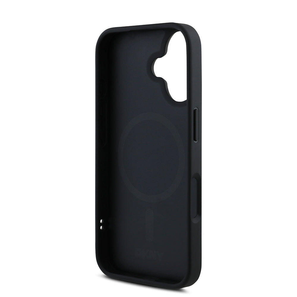 Apple iPhone 16 Plus Kılıf DKNY Orjinal Lisanslı M-safe Şarj Özellikli Metal Logolu PU Deri Grained Kapak Siyah