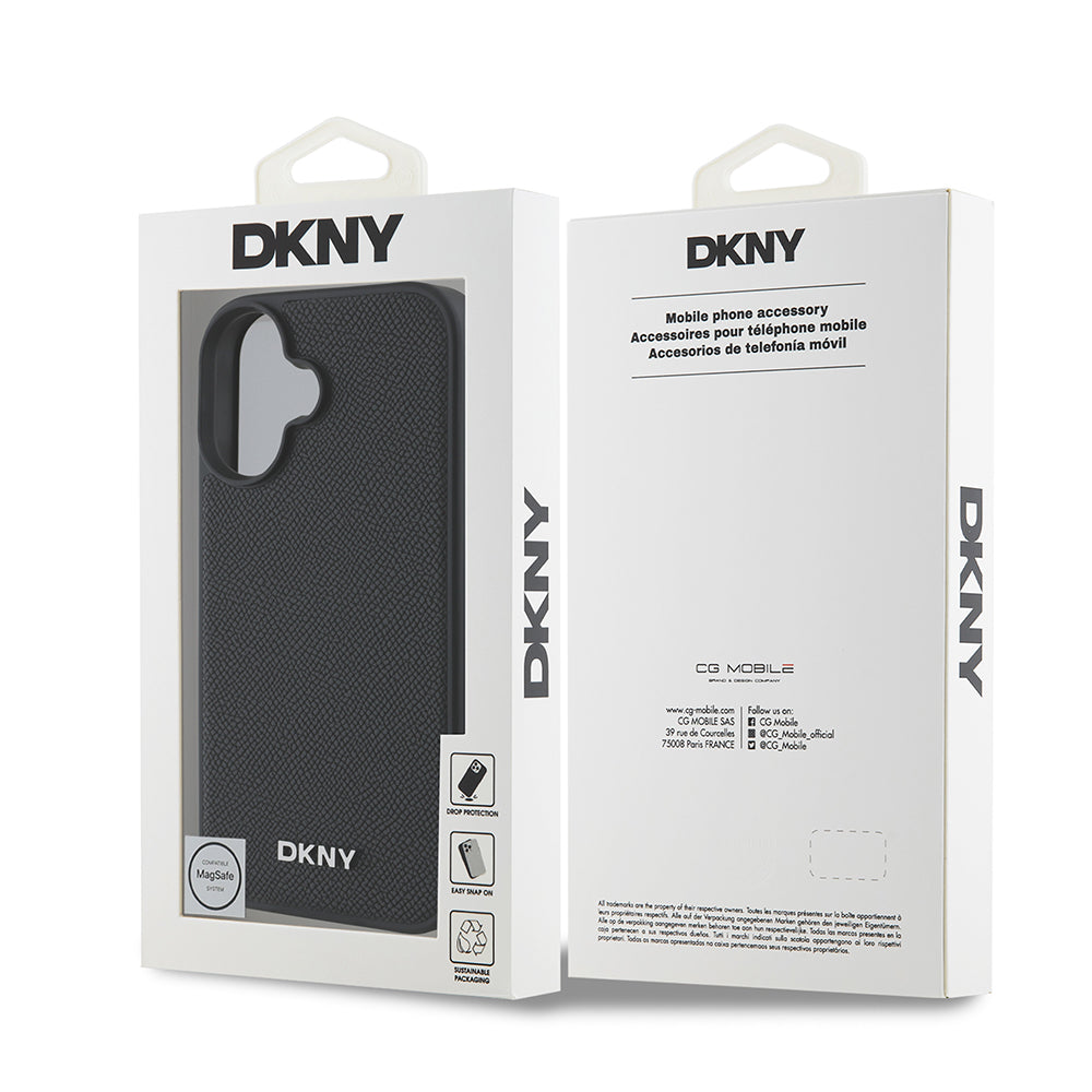 Apple iPhone 16 Plus Kılıf DKNY Orjinal Lisanslı M-safe Şarj Özellikli Metal Logolu PU Deri Grained Kapak Siyah