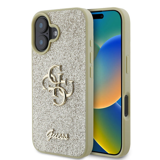 Apple iPhone 16 Plus Case Guess Original Licensed 4G Large Metal Logo Glitter Cover Gold