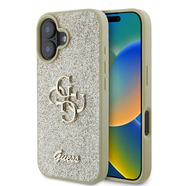 Apple iPhone 16 Plus Case Guess Original Licensed 4G Large Metal Logo Glitter Cover Gold