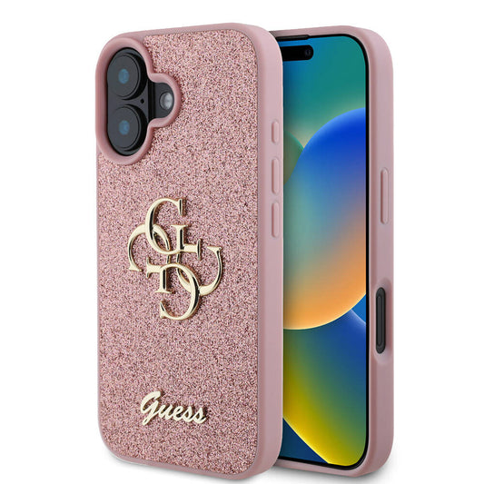 Apple iPhone 16 Plus Case Guess Original Licensed 4G Large Metal Logo Glitter Cover Pink