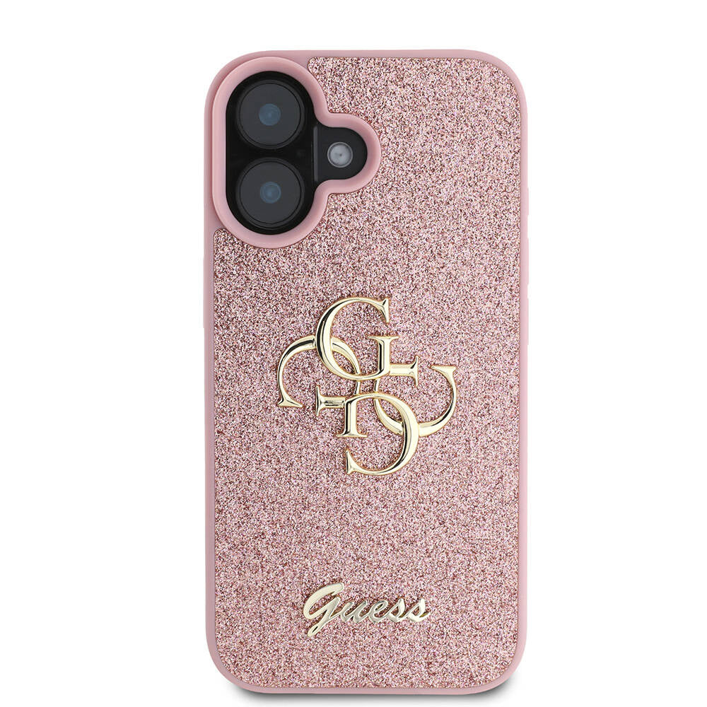 Apple iPhone 16 Plus Case Guess Original Licensed 4G Large Metal Logo Glitter Cover Pink