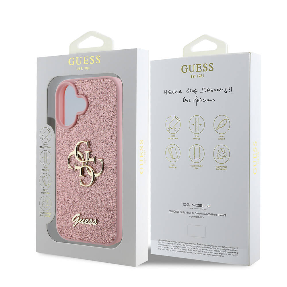 Apple iPhone 16 Plus Case Guess Original Licensed 4G Large Metal Logo Glitter Cover Gold