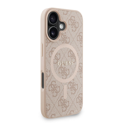 Apple iPhone 16 Plus Kılıf Guess Orjinal Lisanslı M-safe Şarj Özellikli PU Deri Bilek Askı İpli Yazı Logolu Kapak Pembe