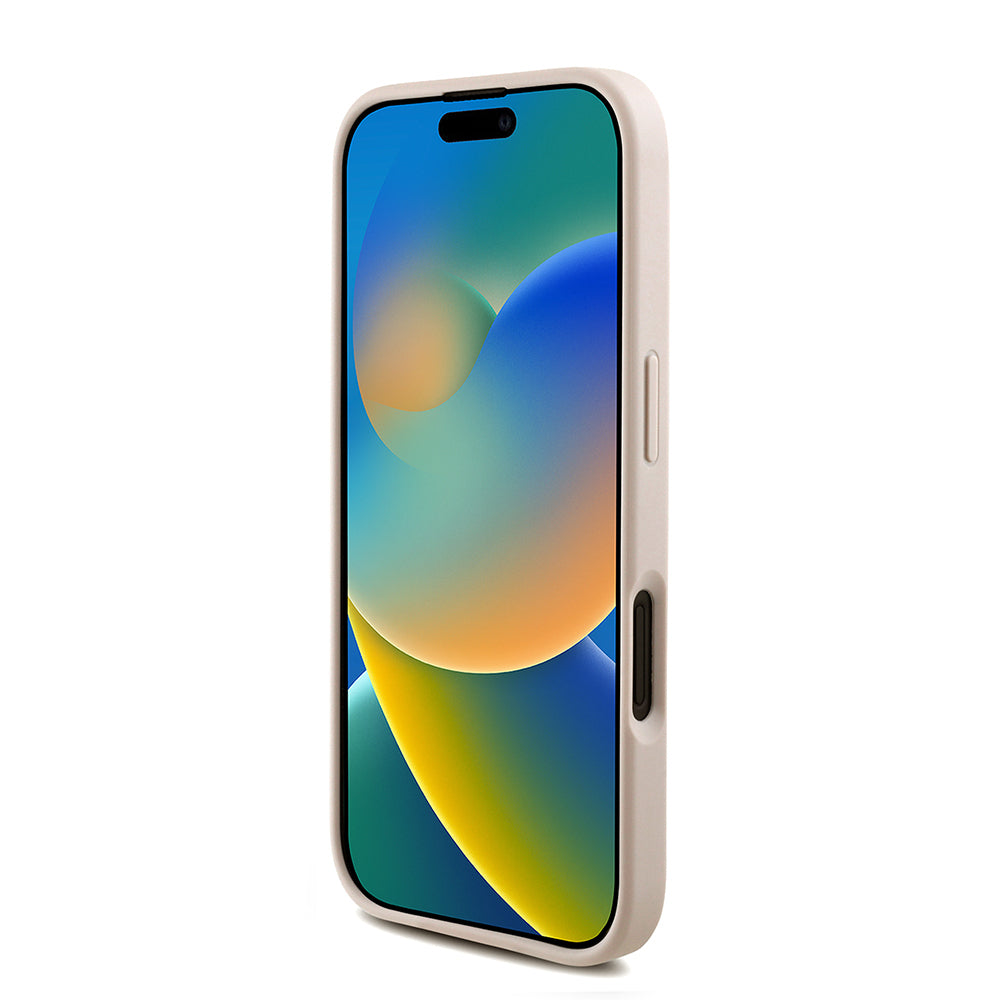 Apple iPhone 16 Plus Kılıf Guess Orjinal Lisanslı M-safe Şarj Özellikli PU Deri Bilek Askı İpli Yazı Logolu Kapak Pembe