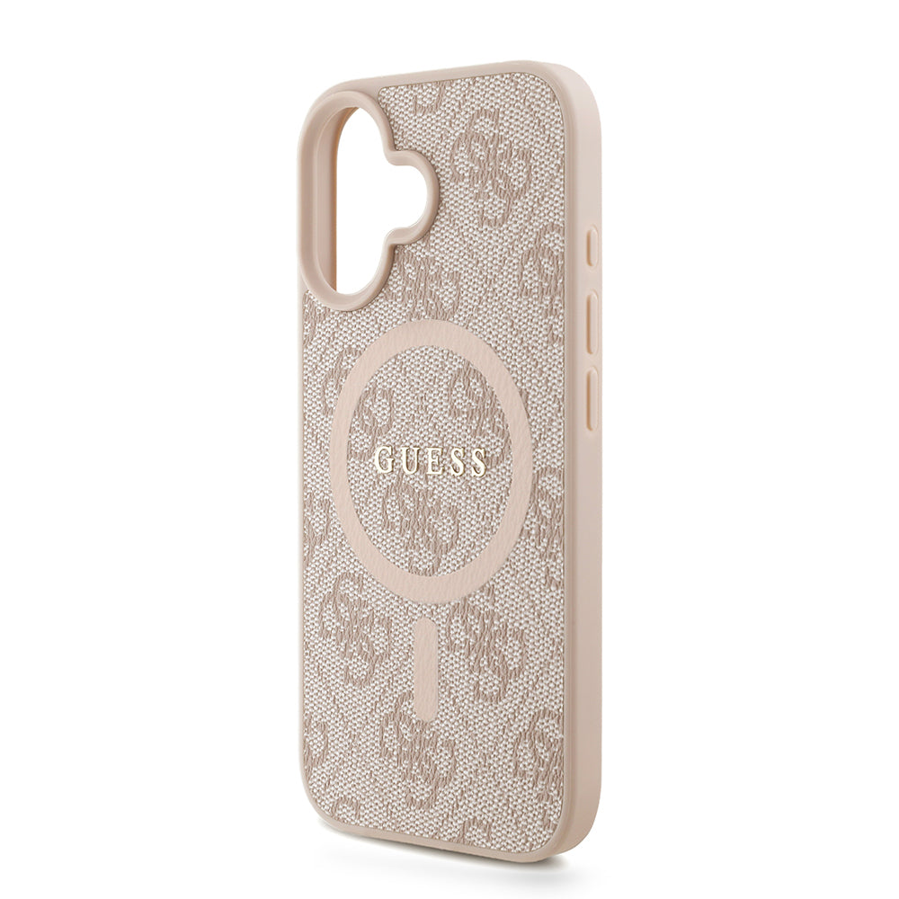 Apple iPhone 16 Plus Kılıf Guess Orjinal Lisanslı M-safe Şarj Özellikli PU Deri Bilek Askı İpli Yazı Logolu Kapak Pembe