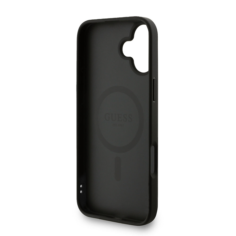 Apple iPhone 16 Plus Kılıf Guess Orjinal Lisanslı M-safe Şarj Özellikli PU Deri Bilek Askı İpli Yazı Logolu Kapak Siyah