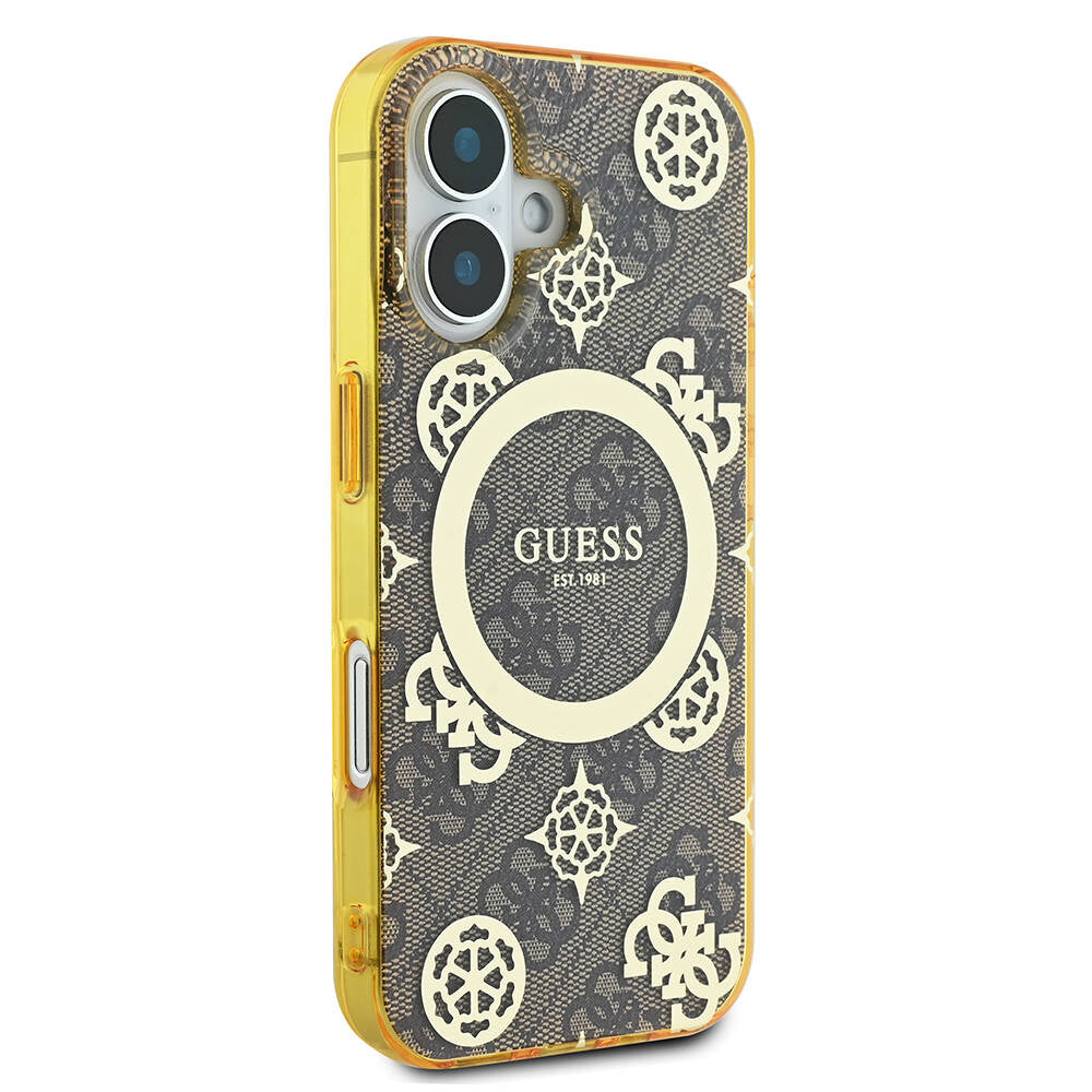 Apple iPhone 16 Plus Case Guess Original Licensed M-safe Charging Feature 4G Patterned IML Text Logo Peony Cover Pink
