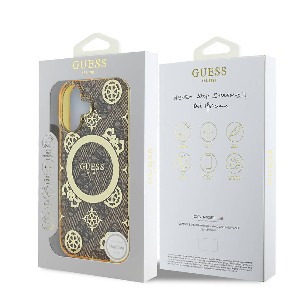 Apple iPhone 16 Plus Case Guess Original Licensed M-safe Charging Feature 4G Patterned IML Text Logo Peony Cover Brown
