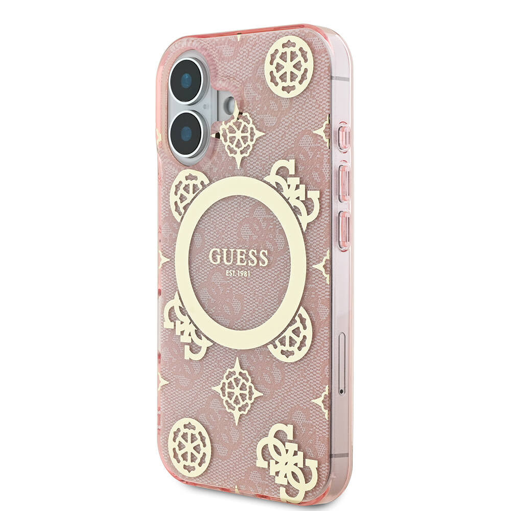 Apple iPhone 16 Plus Case Guess Original Licensed M-safe Charging Feature 4G Patterned IML Text Logo Peony Cover Brown
