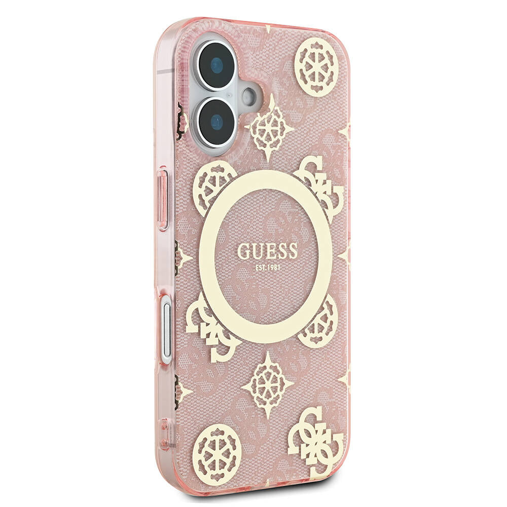Apple iPhone 16 Plus Case Guess Original Licensed M-safe Charging Feature 4G Patterned IML Text Logo Peony Cover Brown