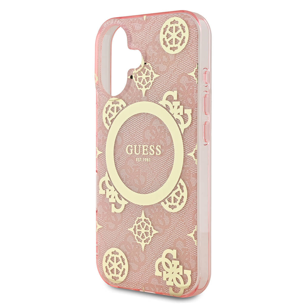 Apple iPhone 16 Plus Case Guess Original Licensed M-safe Charging Feature 4G Patterned IML Text Logo Peony Cover Pink