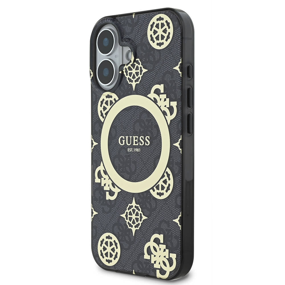 Apple iPhone 16 Plus Case Guess Original Licensed M-safe Charging Feature 4G Patterned IML Text Logo Peony Cover Pink