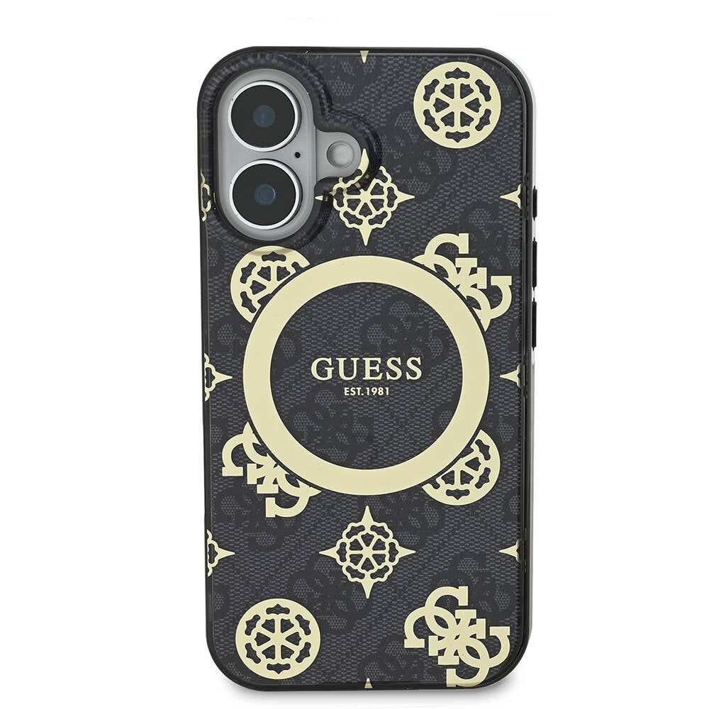 Apple iPhone 16 Plus Case Guess Original Licensed M-safe Charging Feature 4G Patterned IML Text Logo Peony Cover Brown
