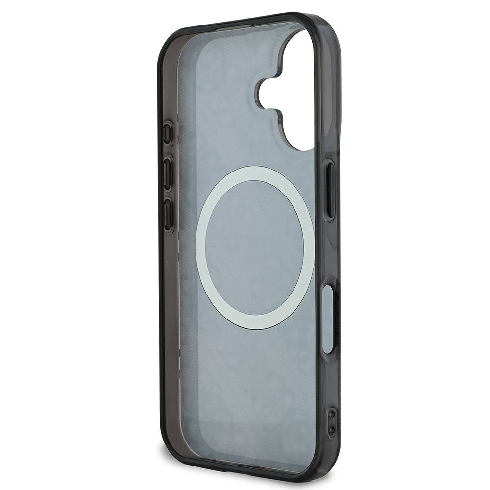 Apple iPhone 16 Plus Case Guess Original Licensed M-safe Charging Feature 4G Patterned IML Text Logo Peony Cover Black
