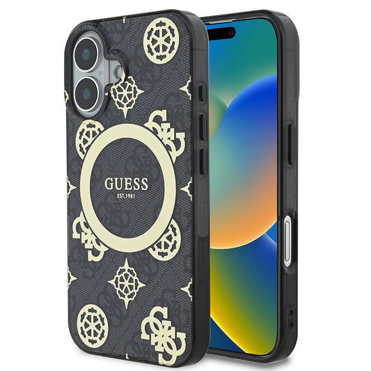 Apple iPhone 16 Plus Case Guess Original Licensed M-safe Charging Feature 4G Patterned IML Text Logo Peony Cover Black