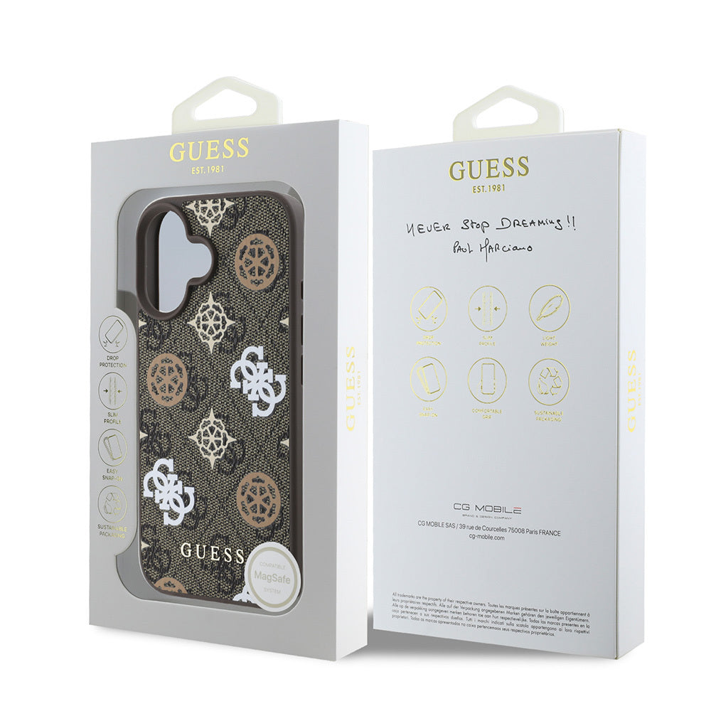 Apple iPhone 16 Plus Case Guess Original Licensed M-safe Charging Feature 4G Patterned Text Logo Peony Cover Pink