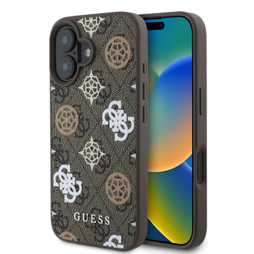 Apple iPhone 16 Plus Case Guess Original Licensed M-safe Charging Feature 4G Patterned Text Logo Peony Cover Brown
