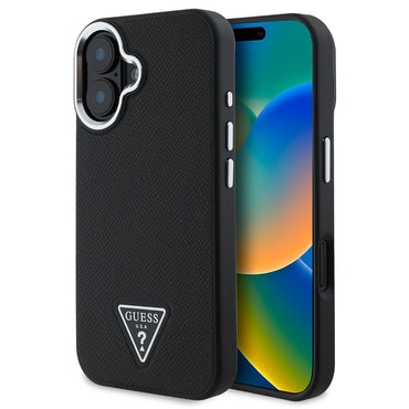 Apple iPhone 16 Plus Case Guess Original Licensed M-Safe Charging Feature Grained Triangle Cover Black