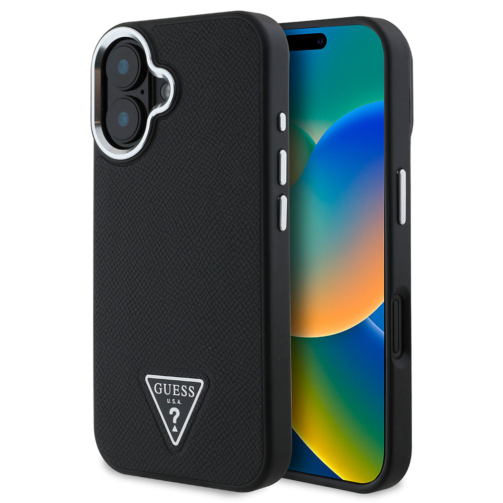 Apple iPhone 16 Plus Case Guess Original Licensed M-safe Charging Feature Grained Triangle Cover Brown