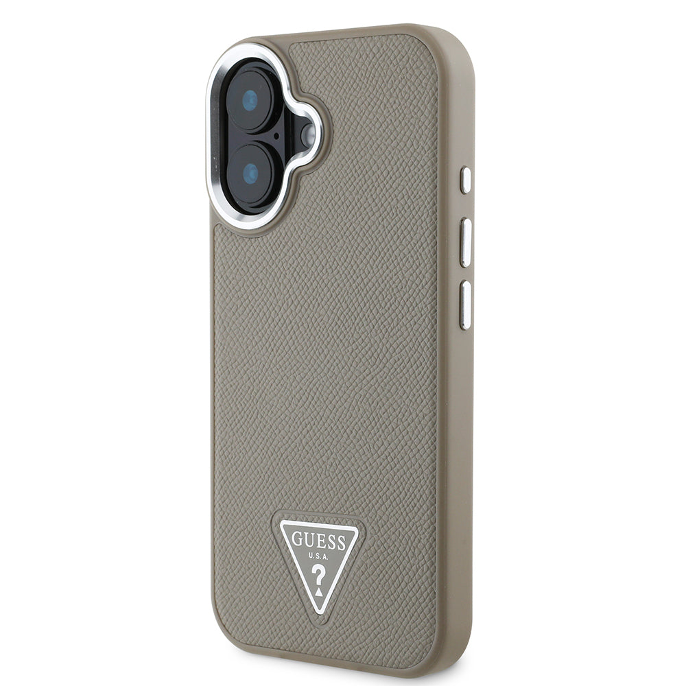 Apple iPhone 16 Plus Case Guess Original Licensed M-safe Charging Feature Grained Triangle Cover Brown