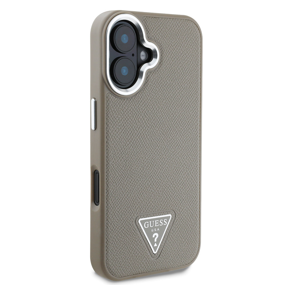 Apple iPhone 16 Plus Case Guess Original Licensed M-safe Charging Feature Grained Triangle Cover Brown