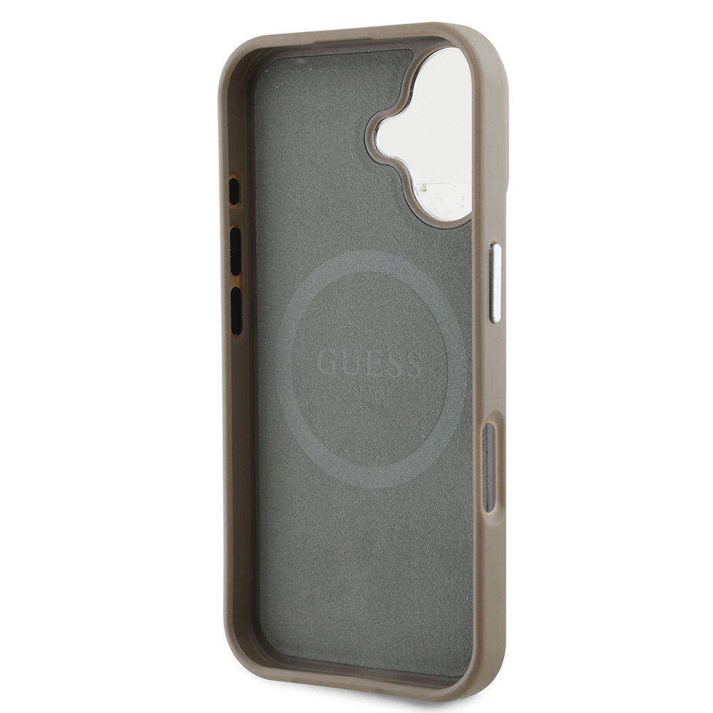 Apple iPhone 16 Plus Case Guess Original Licensed M-safe Charging Feature Grained Triangle Cover Brown