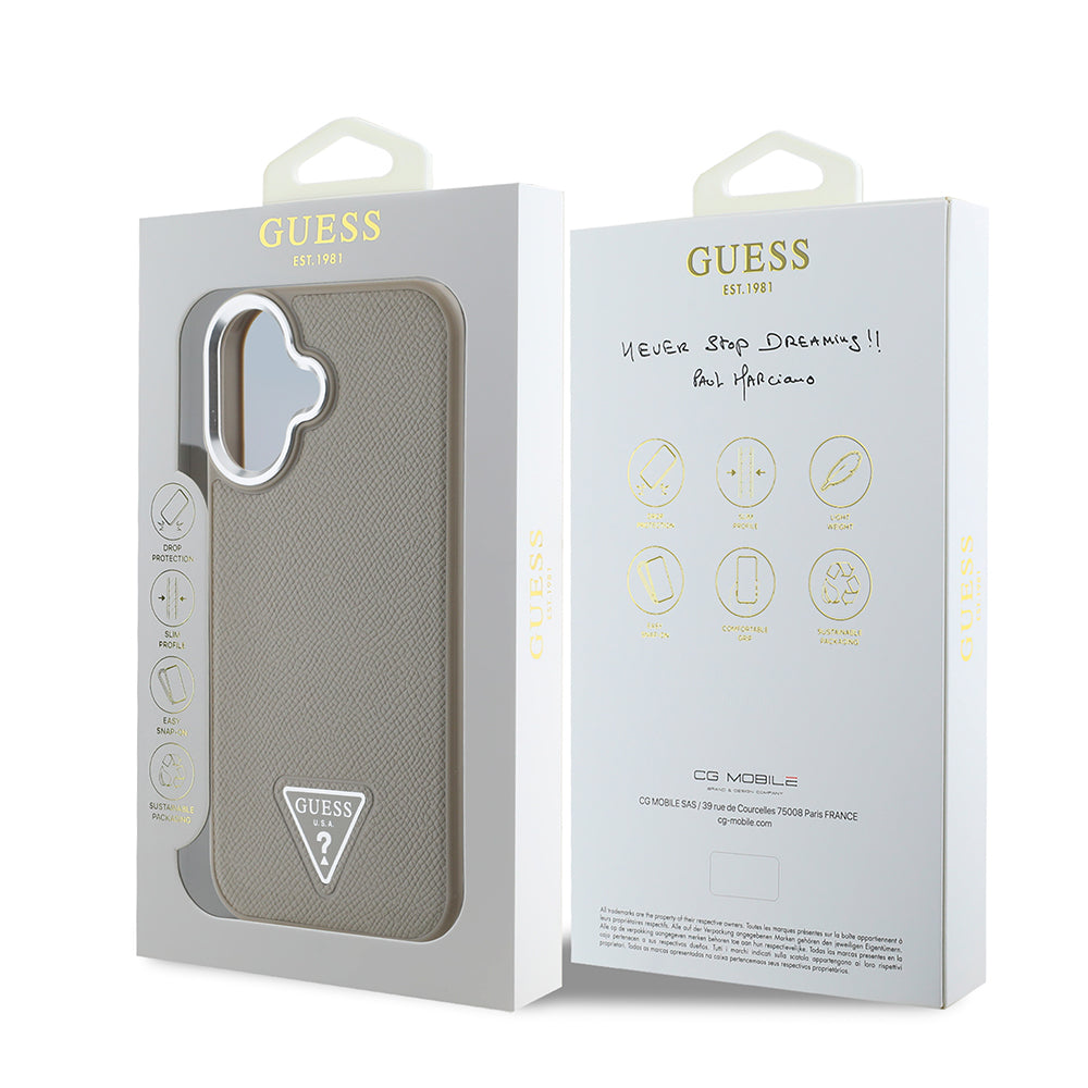Apple iPhone 16 Plus Case Guess Original Licensed M-safe Charging Feature Grained Triangle Cover Brown