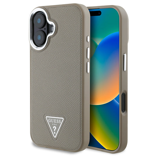 Apple iPhone 16 Plus Case Guess Original Licensed M-safe Charging Feature Grained Triangle Cover Brown