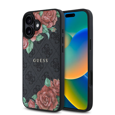 Apple iPhone 16 Plus Case Guess Original Licensed M-safe Charging Feature Rose Printed 4G Patterned Text Logo Cover Black
