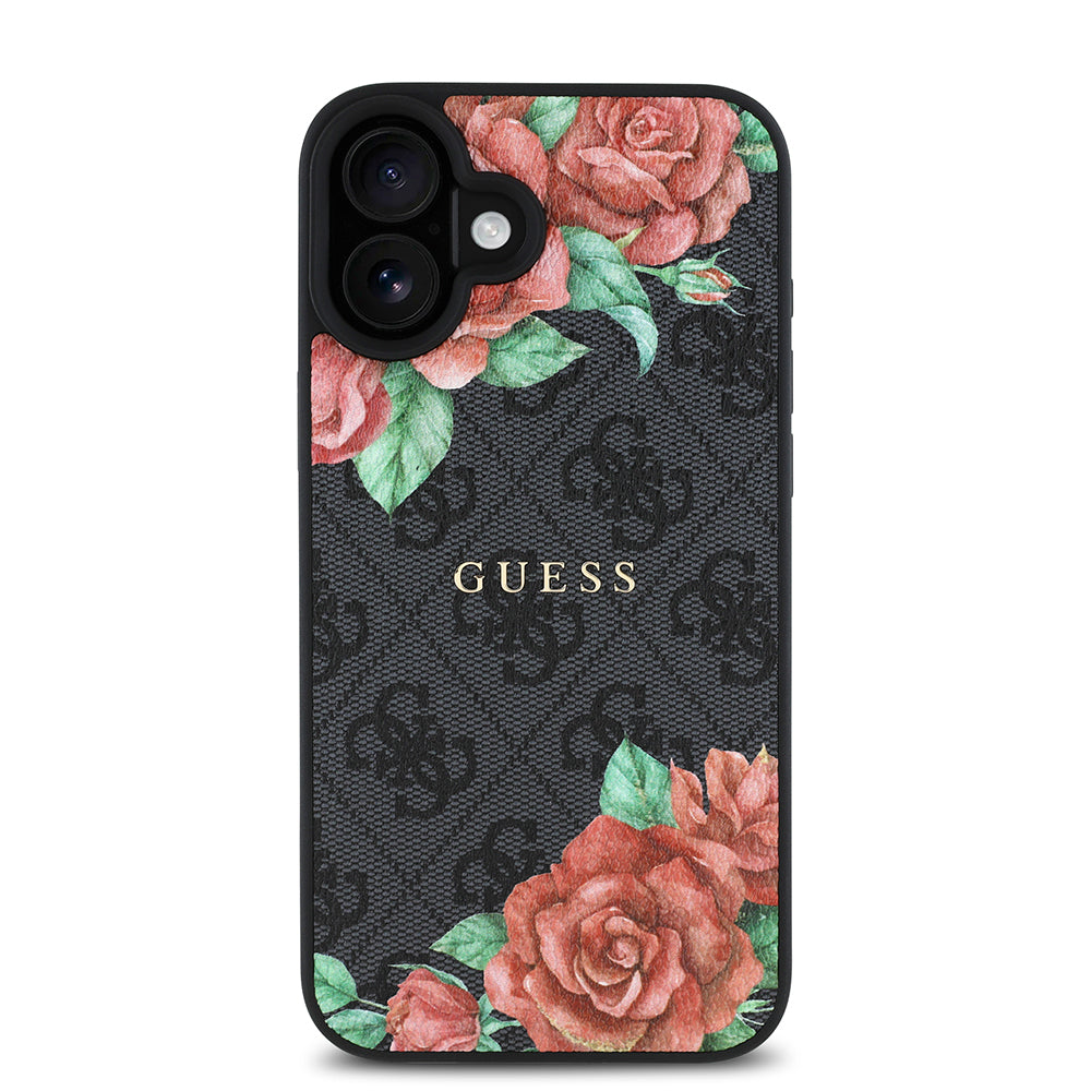 Apple iPhone 16 Plus Case Guess Original Licensed M-safe Charging Feature Rose Printed 4G Patterned Text Logo Cover Brown