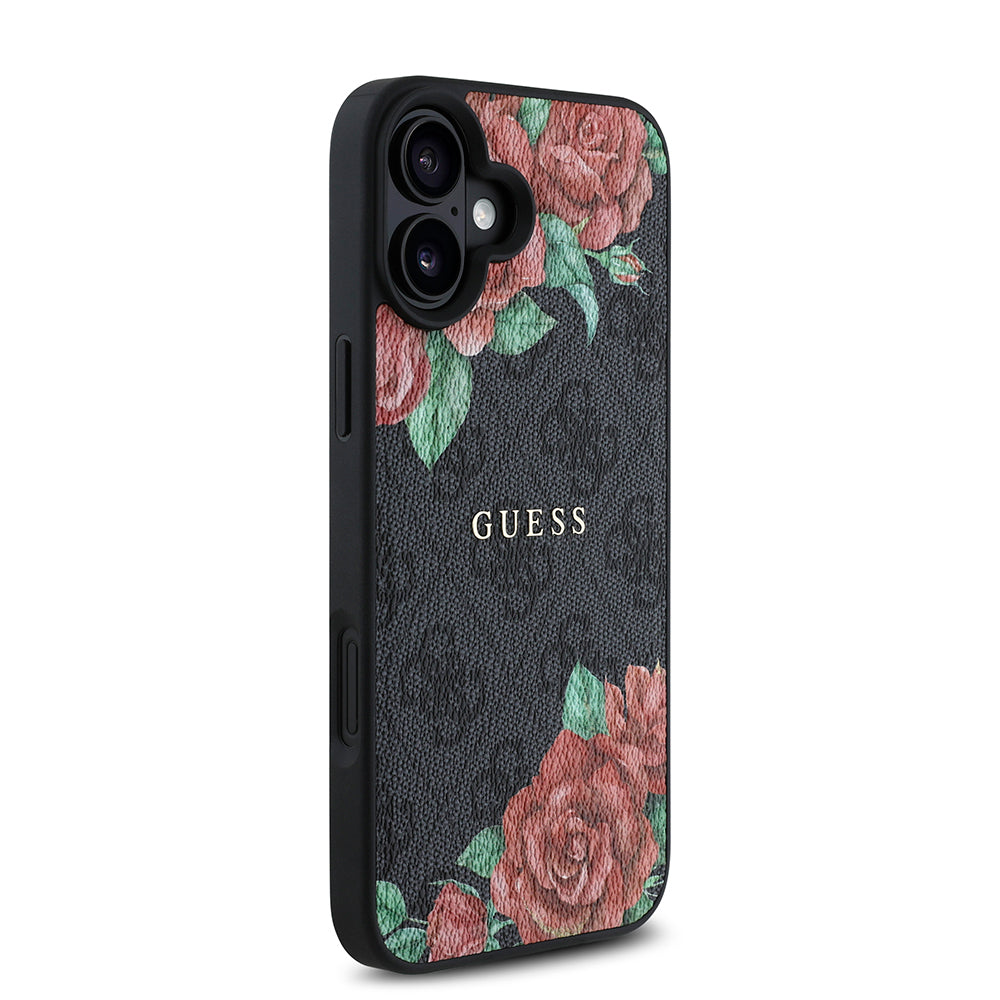 Apple iPhone 16 Plus Case Guess Original Licensed M-safe Charging Feature Rose Printed 4G Patterned Text Logo Cover Black