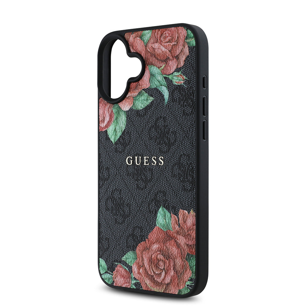 Apple iPhone 16 Plus Case Guess Original Licensed M-safe Charging Feature Rose Printed 4G Patterned Text Logo Cover Black
