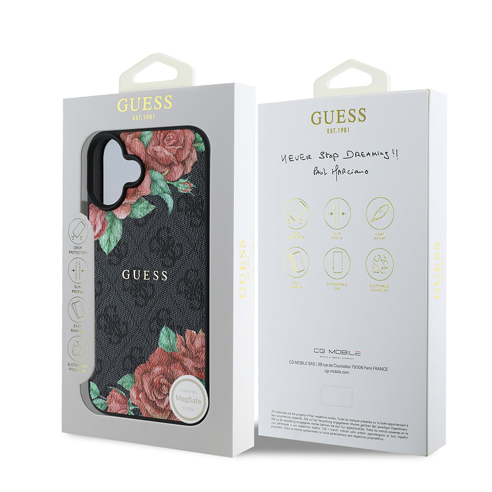 Apple iPhone 16 Plus Case Guess Original Licensed M-safe Charging Feature Rose Printed 4G Patterned Text Logo Cover Brown