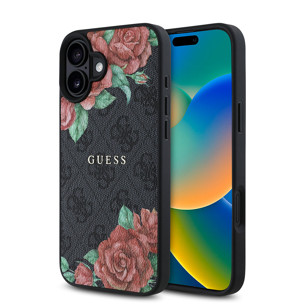 Apple iPhone 16 Plus Case Guess Original Licensed M-safe Charging Feature Rose Printed 4G Patterned Text Logo Cover Black