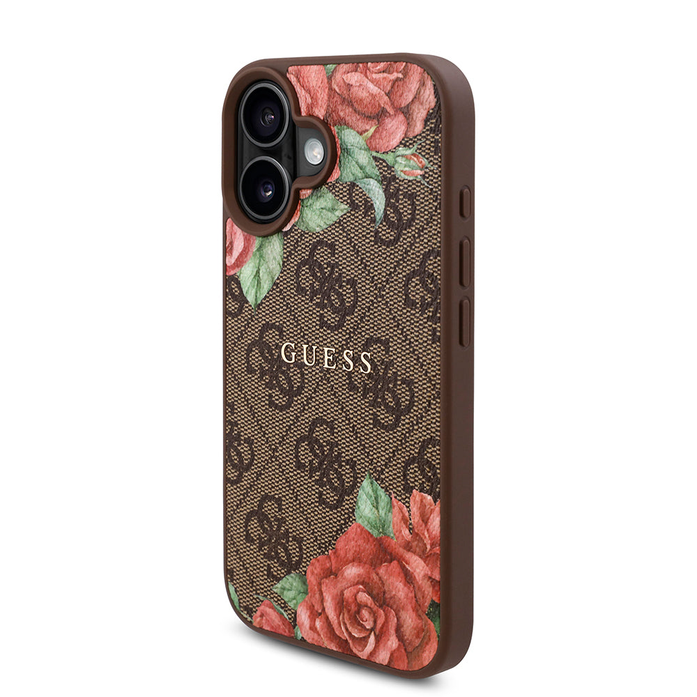 Apple iPhone 16 Plus Case Guess Original Licensed M-safe Charging Feature Rose Printed 4G Patterned Text Logo Cover Black